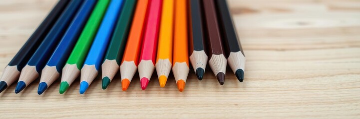 Fototapeta premium A row of assorted colored pencils neatly lined up on a wooden table, colored, row, school supplies