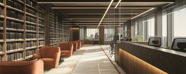Fototapeta premium Modern office space with a library, seating, and reception area, promoting productivity.