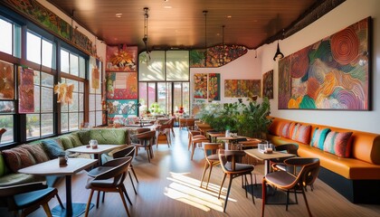 The art enhances the overall sensory experience of the cafe.  