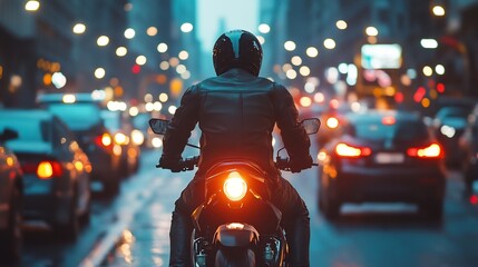 Skilled motorbike rider navigating dense urban traffic at night showcasing heightened awareness and defensive maneuvering techniques to safely traverse the congested roadway