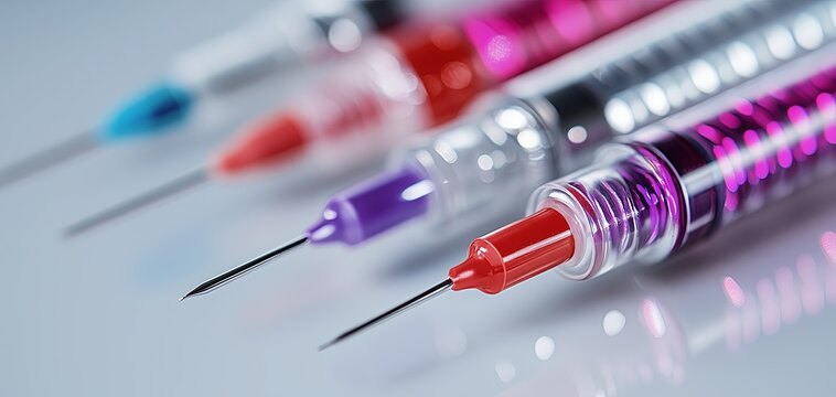 Four syringes with different colors and sizes. The syringes are placed on a white surface