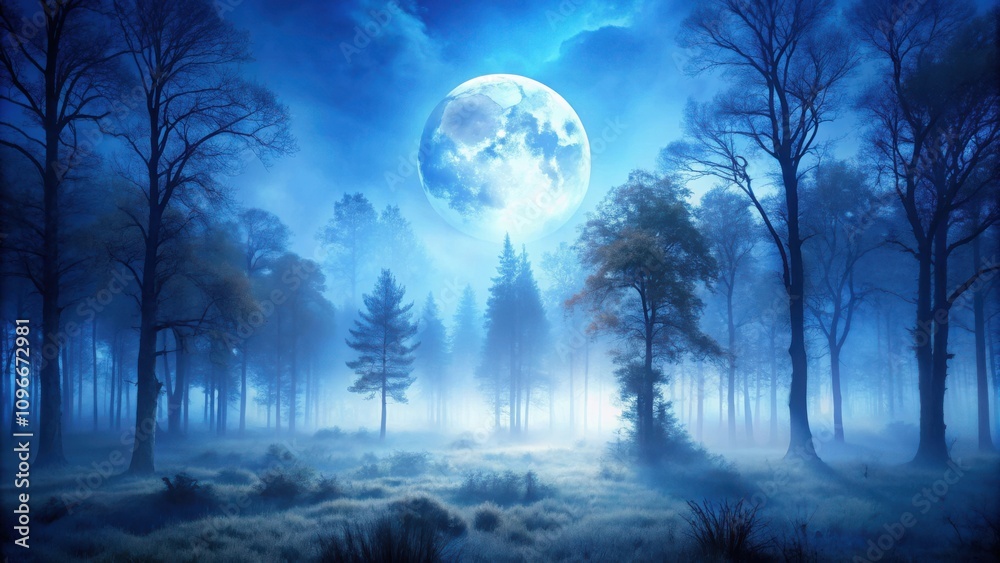 Poster A full moon illuminates a misty forest, casting an ethereal glow on the tall trees and creating a sense of mystery and wonder.