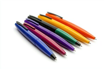 Fototapeta premium Assorted Colorful Ballpoint Pens Arranged Neatly on a White Surface