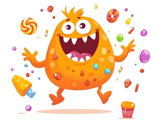 Cute Cartoon Orange Monster with Candy, Happy Expression, Lively Movements, and Colorful Elements in Flat Design