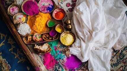 Colorful Holi powder, rice, and fabrics on a tray.
