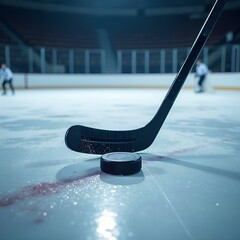 A hockey stick and a black puck on the ice in close-up, in the background hockey players are skating on the rink. Indoor ice hockey competition grounds. Winter sports. 