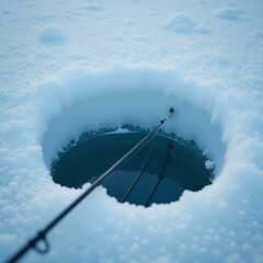 Winter fishing. Fishing rod for fishing in a hole in the ice. Round hole for catching fish on thick ice.