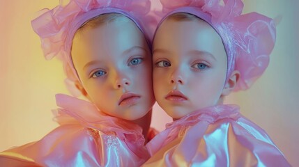 Fototapeta premium Modern Twin Kids in Avant-Garde Fashion - High-Fashion Editorial Shoot with Vibrant Lighting and Symmetric Poses