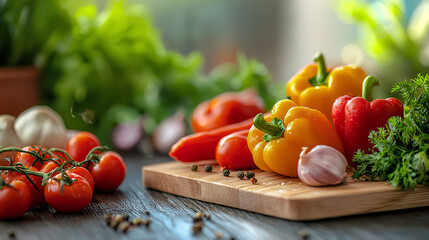 A vibrant display of fresh vegetables including bell peppers, tomatoes, and garlic, placed on a wooden cutting board in a bright kitchen.
