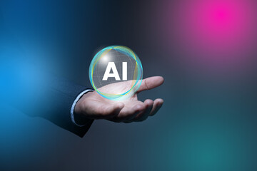 Hand holding AI orb, concept of generative ai in daily work.