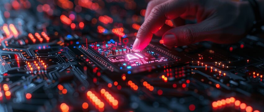 Businessman Uses AI Technology in Office with Laptop and Tablet Computer Displaying Virtual Hologram Circuit Board Interface