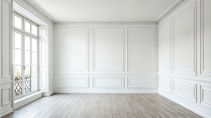 Fototapeta premium A serene white wall in a minimalist room serves as a calming background for various objects and textures, monochromatic decor, artistic arrangement, serenity, simplicity