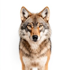 Obraz premium Majestic gray wolf portrait with piercing gaze on white background