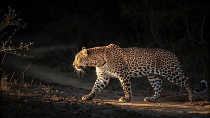 Obraz premium A sleek leopard walks out of the darkness, its coat glistening in the morning sun as it begins its hunt, leopard, feline, wild cat