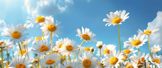 Daisies and Green Grass Under Sunny Blue Sky in Spring or Summer Meadow Flower Field