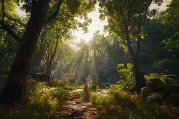 Naklejka premium Sunlit Forest Pathway: A Serene Woodland Escape