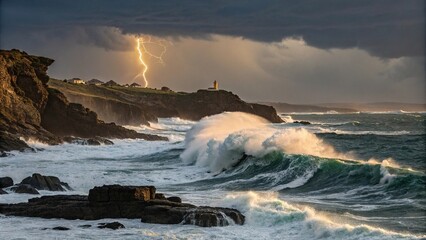 Obraz premium A stormy sea with powerful waves crashing against the rocky coastline and a golden lightning bolt illuminating the darkening sky, rocky coastline, turbulent ocean, weather conditions, stormy sea
