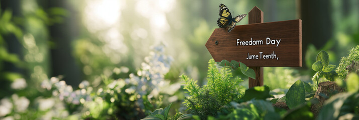 A rustic wooden sign reading 'Freedom Day Juneteenth' with a butterfly perched on it in a green forest, representing history, resilience, and cultural celebration.