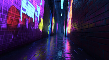 A vividly colorful alleyway at night, illuminated by neon graffiti on brick walls, creating a striking and vibrant urban landscape full of mystery and intrigue.
