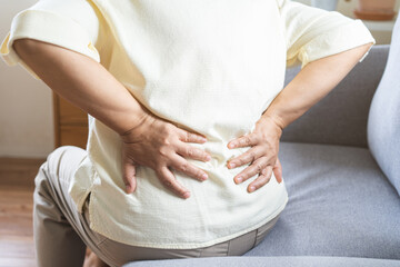 Pain body muscles stiff problem, suffer asian aged woman painful back, symptom injury ache from...