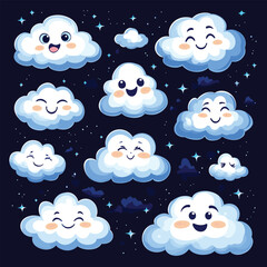 Cartoon Clouds with Happy Faces in a Starry Night Sky