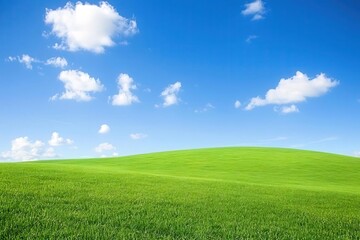 Fototapeta premium Serene Pastoral Landscape with Lush Rolling Green Hills under Bright Blue Sky with Fluffy Clouds