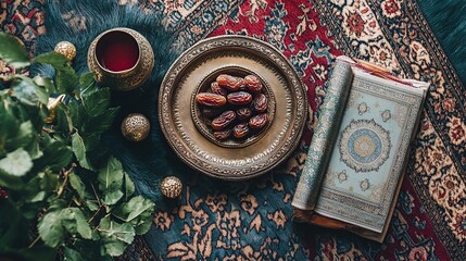 Dates, Quran, and drink on ornate tray and rug.