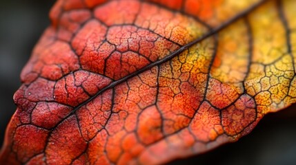 Fototapeta premium Vibrant Autumn Leaf Texture in Close Up Natural Detail Macro shot emphasizing the intricate patterns rich colors and striking contrasts of a single fallen leaf during the fall season