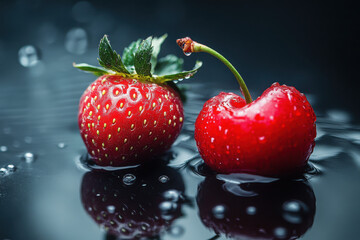 A close-up of a strawberry and a cherry with water droplets on a dark surface.