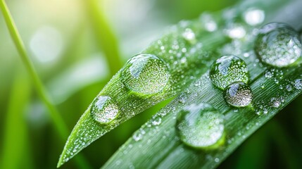 Soft macro photograph showcasing the delicate beauty of dew droplets resting on the surface of lush green leaves  The image highlights the gentle glow and reflective of the natural world
