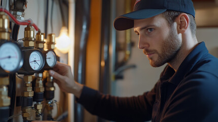 Obraz premium Technician checking pressure meters for house heating system 