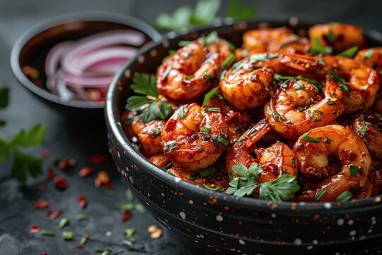 Spicy Shrimp with Red Chili Peppers and Herbs in Black Bowl Ready to Serve Delicious Seafood Dish