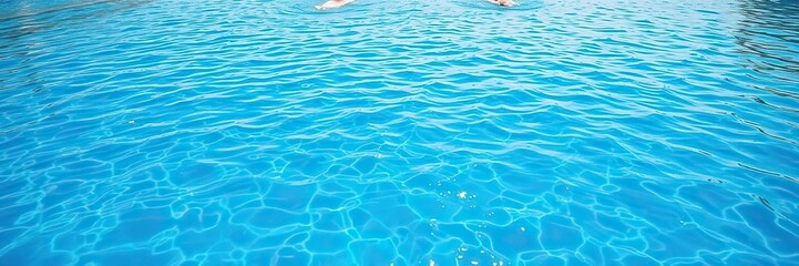 Obraz premium Blue pool water with a few swimmers in the distance, pool water, sunny sky