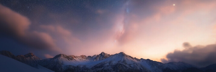 An awe-inspiring mountain range silhouetted against a starry evening sky, with a soft gradient of twilight colors, capturing the vastness and wonder of the cosmos.