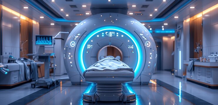 MRI CT Scan Machine in Hospital Room with Digital Interface and Medical Technology