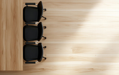 Modern office meeting room with wooden table and black chairs, showcasing clean and organized workspace. natural light enhances warm tones of wood floor