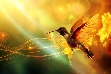 Naklejka premium Abstract digital background featuring the image of a vibrant hummingbird in motion, surrounded by soft gradients and dynamic light effects.