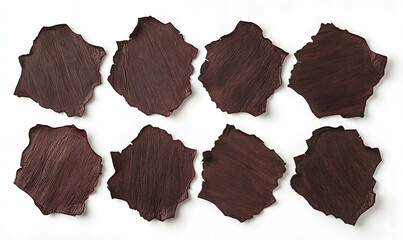 Obraz premium Abstract dark brown textured shapes, irregular organic forms arranged on a white background, ideal for design projects needing unique elements.
