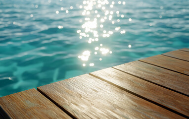Fototapeta premium Wooden table featuring shimmering ocean water reflecting sunlight on wooden deck. tranquil atmosphere invites relaxation and enjoyment of nature