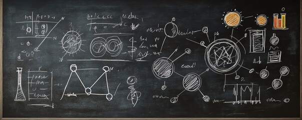 Fototapeta premium Chalkboard with diverse scientific and educational sketches, handdrawn equations, diagrams, and symbols, dark blackboard, AIgenerated style