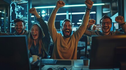 Cybersecurity team celebrating a successful defense against a cyber attack, smiles all around
