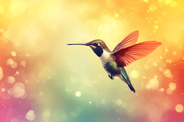Fototapeta premium Abstract digital background featuring the image of a vibrant hummingbird in motion, surrounded by soft gradients and dynamic light effects.