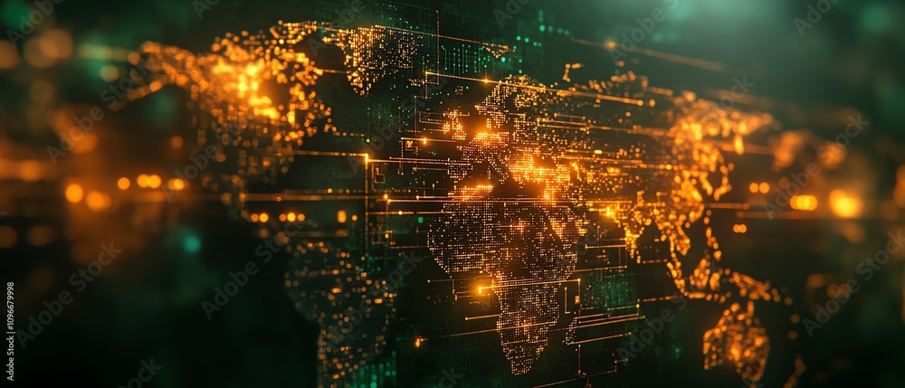 Poster digital world map with glowing virtual network lines on a dark background, 3d rendering, futuristic 