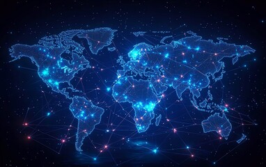 Digital world map with illuminated virtual network pathways on a dark background, 3D rendering, cyber world concept