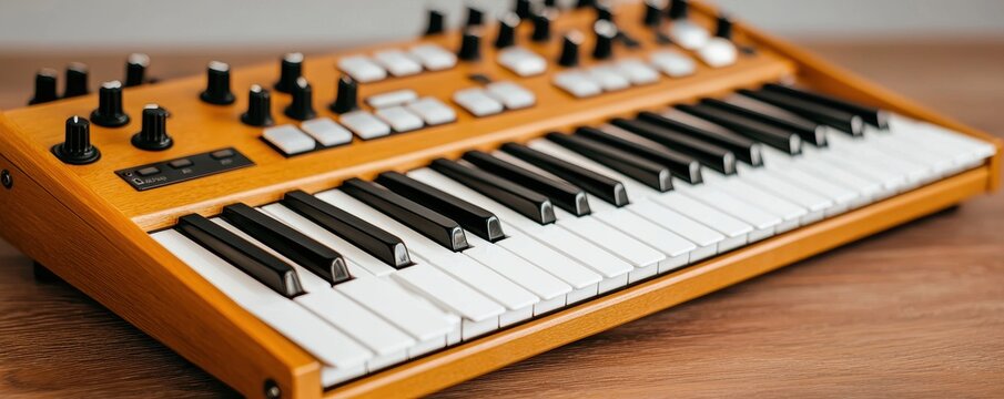 A compact synthesizer keyboard with an orange body and black-and-white keys, featuring various knobs and buttons for sound modulation.