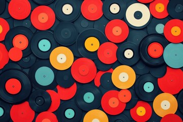 A vibrant array of colorful vinyl records scattered across a dark background, showcasing retro music culture and artistic design.