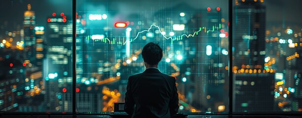 businessman in front of stock market graph skyscrapers night upward arrows success financial investment strategy portfolio profit growth