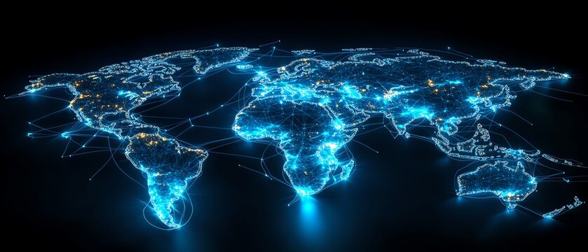 Fototapeta Futuristic world map with glowing network connections, dark background, 3D rendering, virtual global technology theme