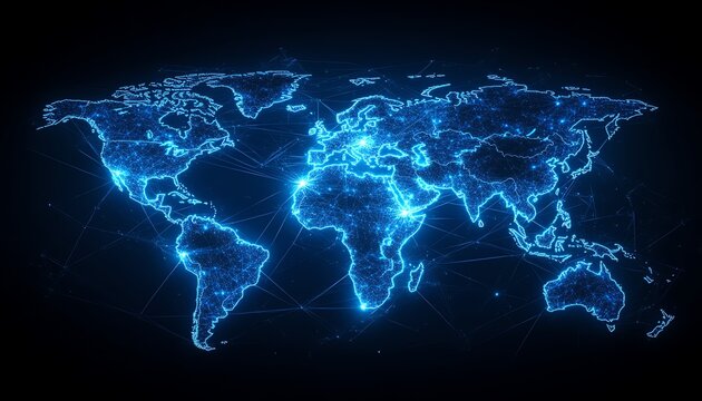 Fototapeta Global digital world map with glowing network lines on a dark background, 3D rendering, hightech virtual network