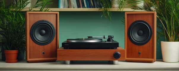 A vintage-style turntable with wooden speakers, surrounded by plants, creating a cozy and retro atmosphere.